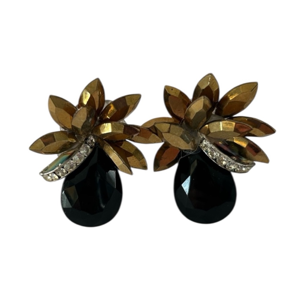 Vintage 80’s Clip On Teardrop Earrings in Black/Gold with Rhinestone Accents